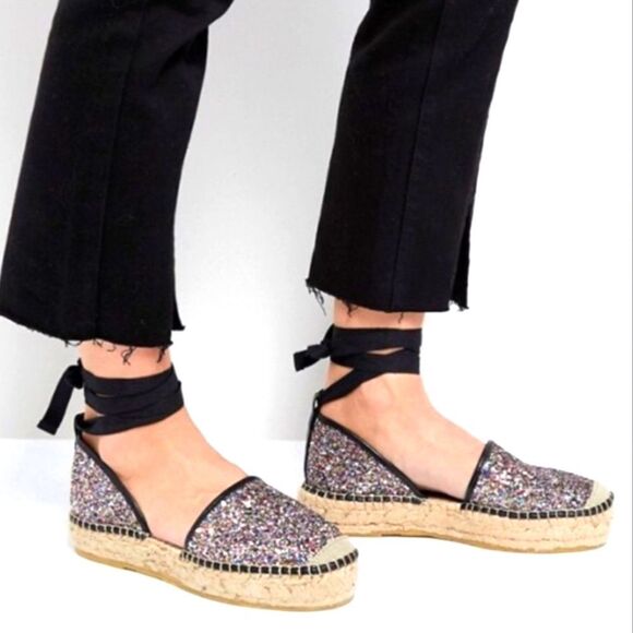 Free People x Soludos Glitter/Canvas Lace-Up Flat Espadrilles Sz.7/37 Ret $140 - Picture 1 of 12